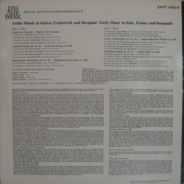 Studio Der Frühen Musik – Frühe Musik In Italien, Frankreich Und Burgund • Early Music In Italy, France And Burgundy LP vinyl record, image 2 of 4