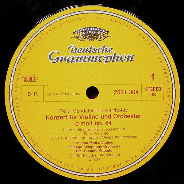 Felix Mendelssohn-Bartholdy, Max Bruch, Shlomo Mintz, Chicago Symphony Orchestra, Claudio Abbado – Violinkonzerte = Violin Concertos LP vinyl record, image 3 of 4