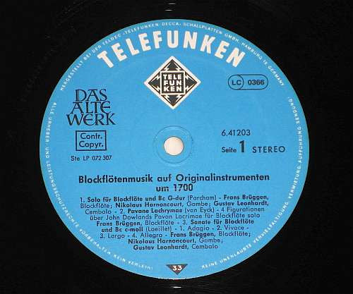 Frans Brüggen, Nikolaus Harnoncourt, Gustav Leonhardt – Blockflötenmusik Auf Originalinstrumenten = Recorder Music With Original Instruments Vol. 1 LP vinyl record, image 4 of 4