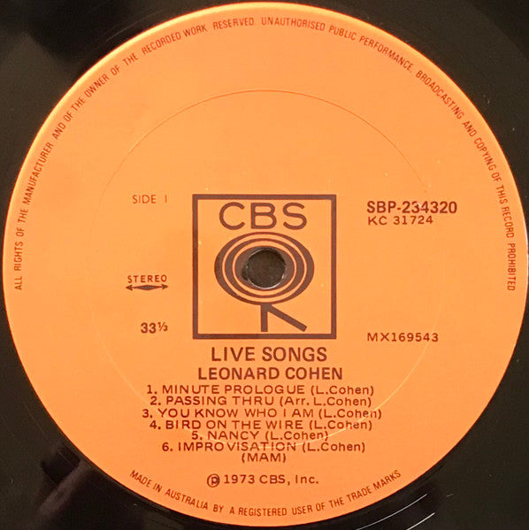 Leonard Cohen – Live Songs LP vinyl record, image 3 of 4