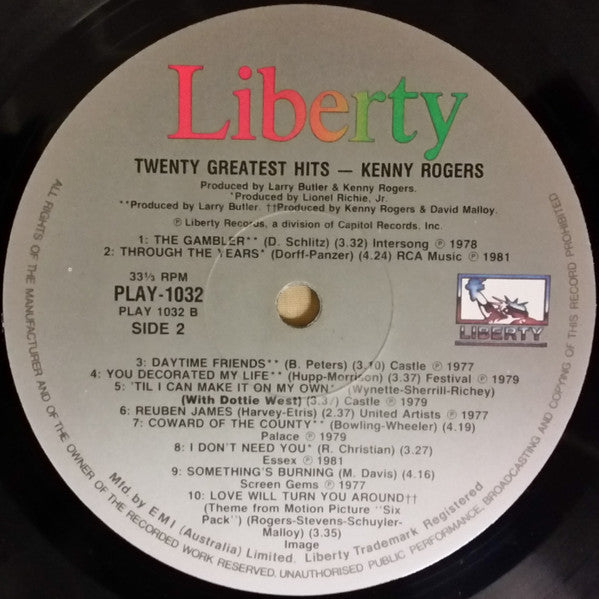 Kenny Rogers – Twenty Greatest Hits LP vinyl record, image 5 of 5