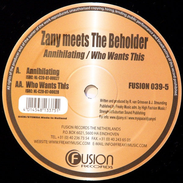 DJ Zany, The Beholder – Annihilating / Who Wants This 12" vinyl record, image 3 of 4