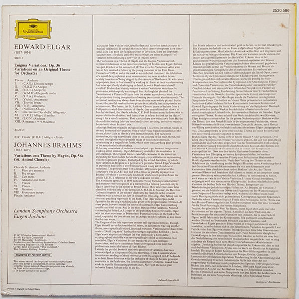 Sir Edward Elgar, Johannes Brahms, London Symphony Orchestra, Eugen Jochum – Enigma Variations / St. Antoni Variations LP vinyl record, image 2 of 4