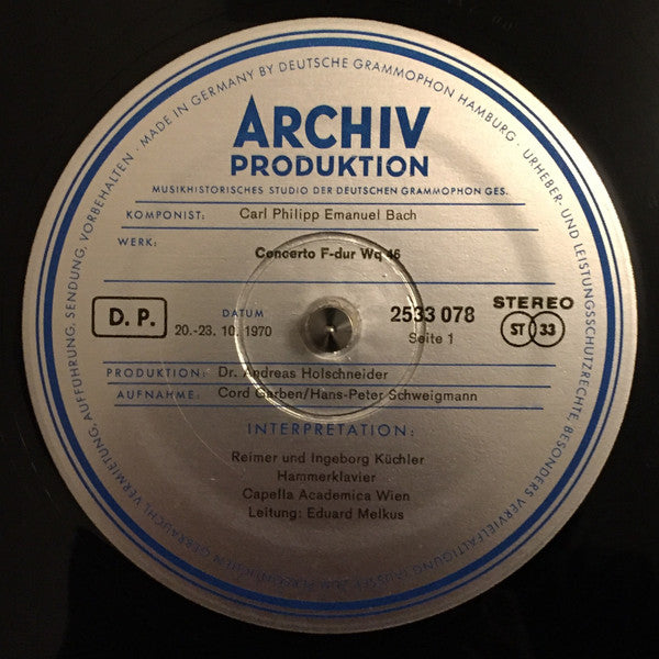 Carl Philipp Emanuel Bach, Ingeborg Küchler, Reimer Küchler, Capella Academica Wien, Eduard Melkus – Klavierkonzerte (Piano Concertos) Wq 46, 107, 109 LP vinyl record, image 3 of 3