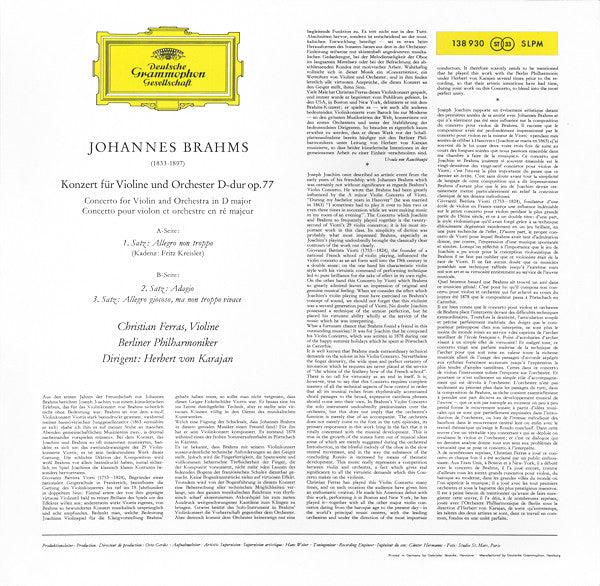 Johannes Brahms, Christian Ferras, Herbert von Karajan, Berliner Philharmoniker – Violinkonzert In D-dur LP vinyl record, image 2 of 5