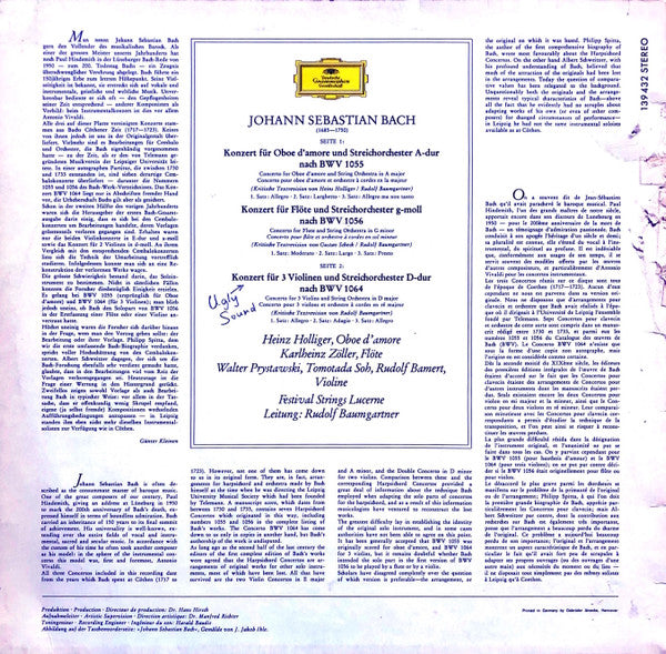 Johann Sebastian Bach, Heinz Holliger, Karlheinz Zöller, Festival Strings Lucerne, Rudolf Baumgartner – Konzert Für Oboe D'Amore Nach BWV 1055 ∙ Flötenkonzert Nach BWV 1056 ∙ Konzert Für 3 Violinen Nach BWV 1064 LP vinyl record, image 2 of 4