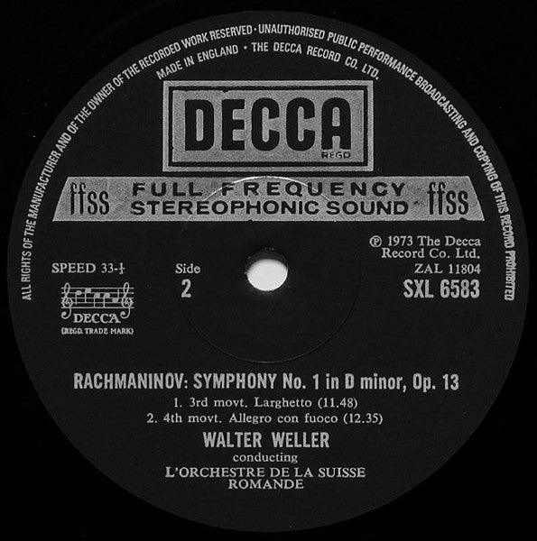 Sergei Rachmaninoff, L'Orchestre De La Suisse Romande, Walter Weller – Symphony No. 1 In D Minor, Op. 13 LP vinyl record, image 4 of 4