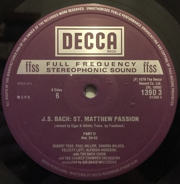 Johann Sebastian Bach, Robert Tear, John Shirley-Quirk, Felicity Lott, Alfreda Hodgson, Neil Jenkins, Stephen Roberts, St. Paul's Cathedral Choir, The Bach Choir, The Thames Chamber Orchestra, David Willcocks – St. Matthew Passion (4xLP) LP vinyl record, image 9 of 10