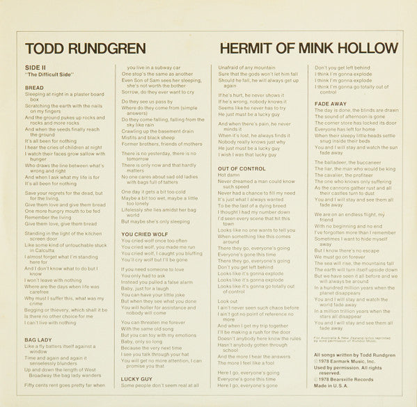 Todd Rundgren – Hermit Of Mink Hollow LP vinyl record, image 5 of 6