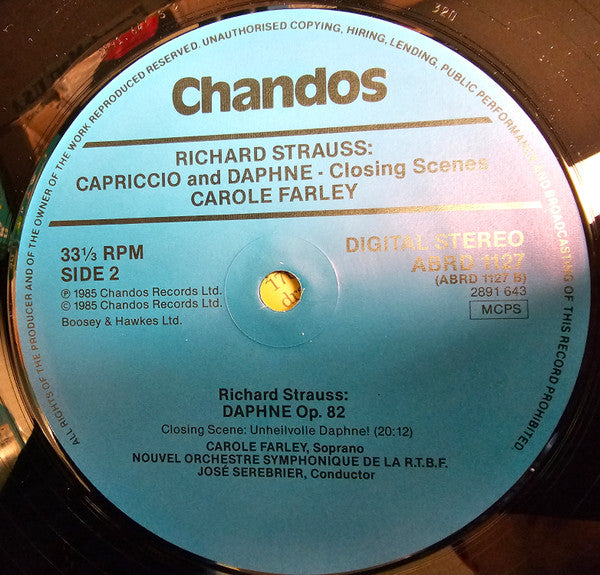 Carole Farley, Richard Strauss, Nouvel Orchestre Symphonique De La RTBF, Jose Serebrier – Capriccio And Daphne Closing Scenes LP vinyl record, image 4 of 4