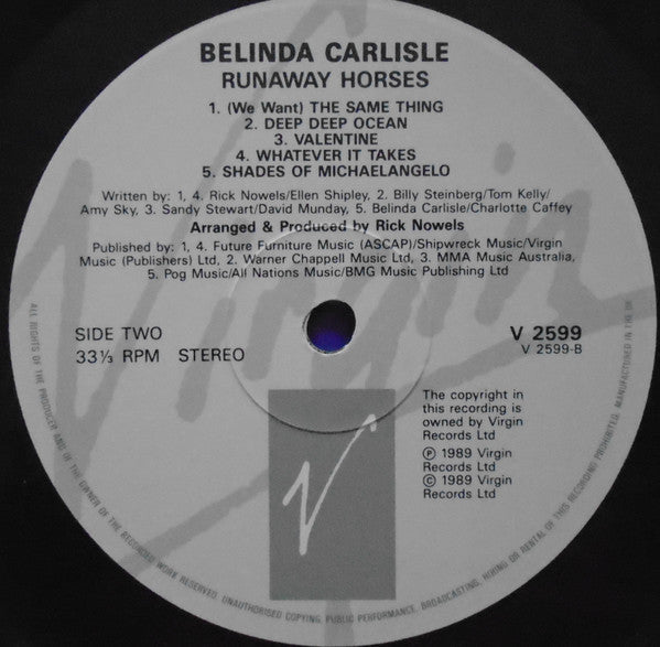 Belinda Carlisle – Runaway Horses LP vinyl record, image 4 of 7