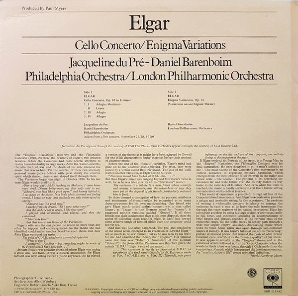 Sir Edward Elgar, Jacqueline du Pré, Daniel Barenboim, The Philadelphia Orchestra, London Philharmonic Orchestra – Cello Concerto, Op. 85 / Enigma Variations LP vinyl record, image 2 of 4
