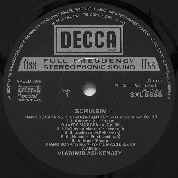Alexander Scriabin, Vladimir Ashkenazy – Piano Sonatas (No.2 "Sonata Fantasy" ∙ No.7 "White Mass" ∙ No.10 Op.70 / Quatre Morceaux Op.56 ∙ Deux Poèmes Op.32 ∙ Two Dances Op.73) LP vinyl record, image 3 of 4