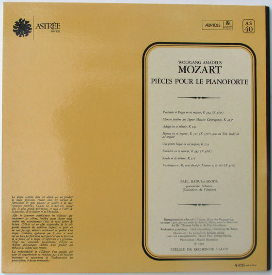 Wolfgang Amadeus Mozart, Paul Badura-Skoda – Pièces Pour Le Pianoforte LP vinyl record, image 2 of 4
