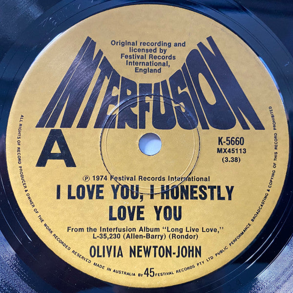 Olivia Newton-John – I Love You, I Honestly Love You 7" vinyl record, image 1 of 2