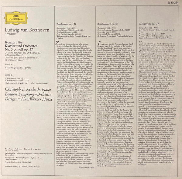 Ludwig van Beethoven, Christoph Eschenbach, London Symphony Orchestra, Hans Werner Henze – Klavierkonzert Nr. 3 C-moll = Piano Concerto No. 3 In C Minor LP vinyl record, image 2 of 3