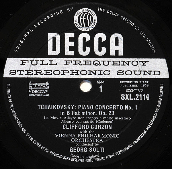 Pyotr Ilyich Tchaikovsky, Clifford Curzon, Wiener Philharmoniker, Georg Solti – Piano Concerto No. 1 LP vinyl record, image 3 of 4