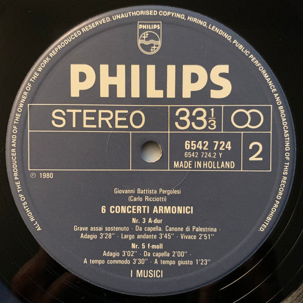 Giovanni Battista Pergolesi, Unico Wilhelm van Wassenaer, I Musici, Pina Carmirelli – 6 Concerti Armonici / Concerto Di Violino Solo Con Più Stromenti / Concerto A Cinque (2xLP) LP vinyl record, image 6 of 8