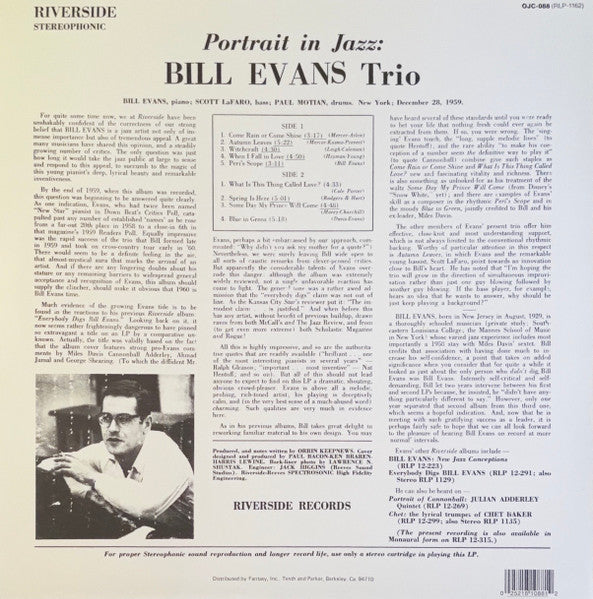 The Bill Evans Trio – Portrait In Jazz LP vinyl record, image 2 of 4