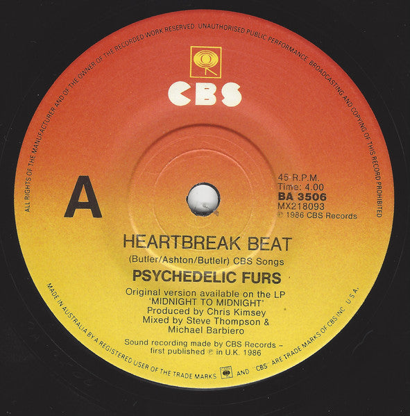 The Psychedelic Furs – Heartbreak Beat 7" vinyl record, image 3 of 4