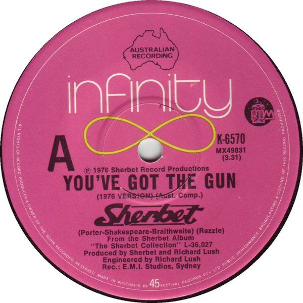 Sherbet – You've Got The Gun (1976 Version) / Rock Me Gently 7" vinyl record, image 1 of 2