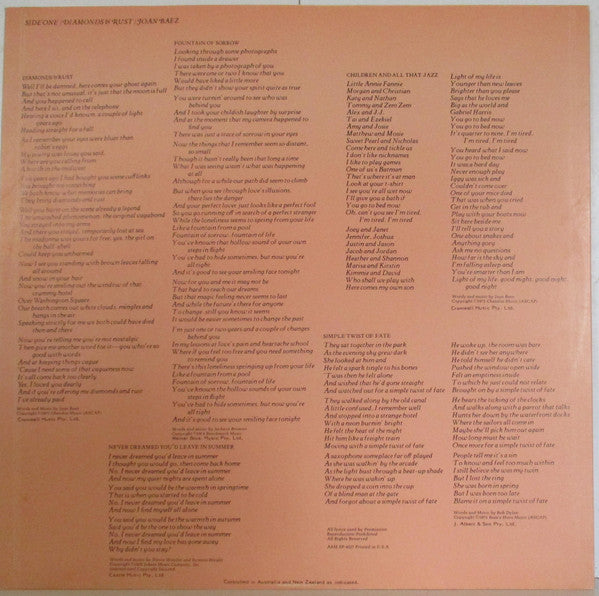 Joan Baez – Diamonds & Rust LP vinyl record, image 5 of 6