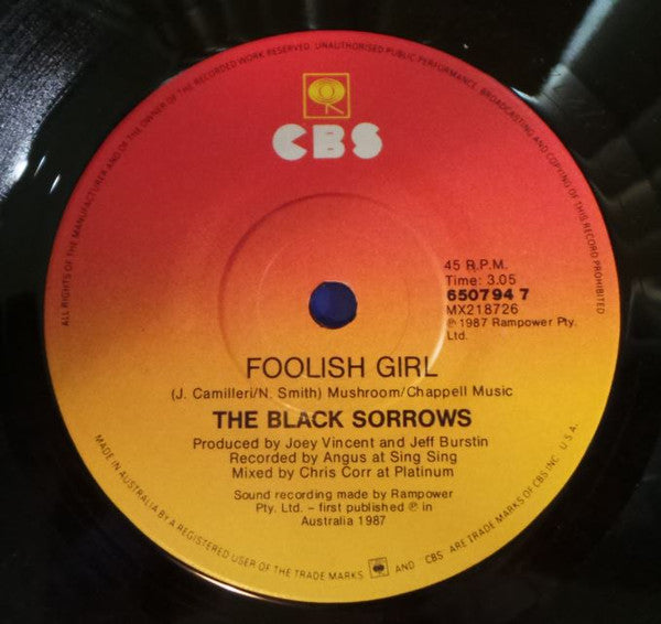 The Black Sorrows – Daughters Of Glory 7" vinyl record, image 2 of 2