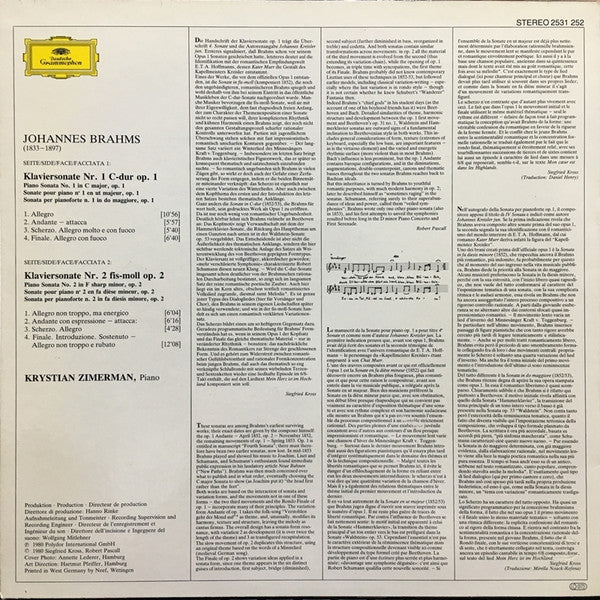 Johannes Brahms, Krystian Zimerman – Klaviersonaten No.1 & 2 = Piano Sonatas LP vinyl record, image 2 of 4