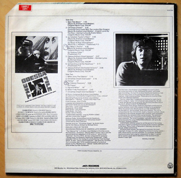 Andrew Lloyd Webber – The Odessa File (Original Soundtrack Recording) LP vinyl record, image 2 of 4