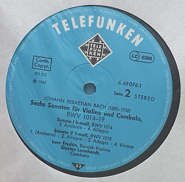 Johann Sebastian Bach, Lars Frydén, Gustav Leonhardt – Die Sonaten Für Violine & Cembalo = Sonatas For Violin & Harpsichord (2xLP) LP vinyl record, image 4 of 6