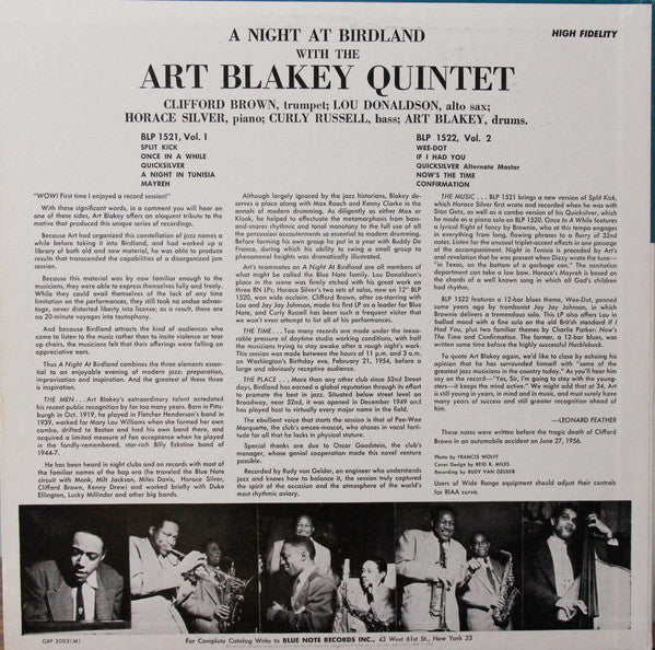 Art Blakey Quintet – A Night At Birdland Volume 1 LP vinyl record, image 3 of 7