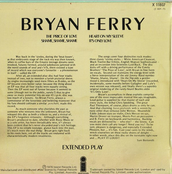Bryan Ferry – Extended Play 7" vinyl record, image 2 of 3