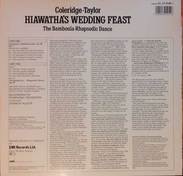 Samuel Coleridge-Taylor, Anthony Rolfe Johnson, Bournemouth Symphony Chorus, Bournemouth Symphony Orchestra, Kenneth Alwyn – Hiawatha’s Wedding Feast / The Bamboula - Rhapsodic Dance LP vinyl record, image 2 of 4