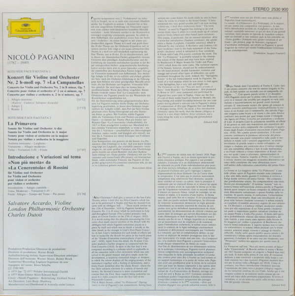 Niccolò Paganini, Salvatore Accardo, London Philharmonic Orchestra, Charles Dutoit – Concerto Per Violino N. 2 »La Campanella« · La Primavera · Non Più Mesta LP vinyl record, image 2 of 4