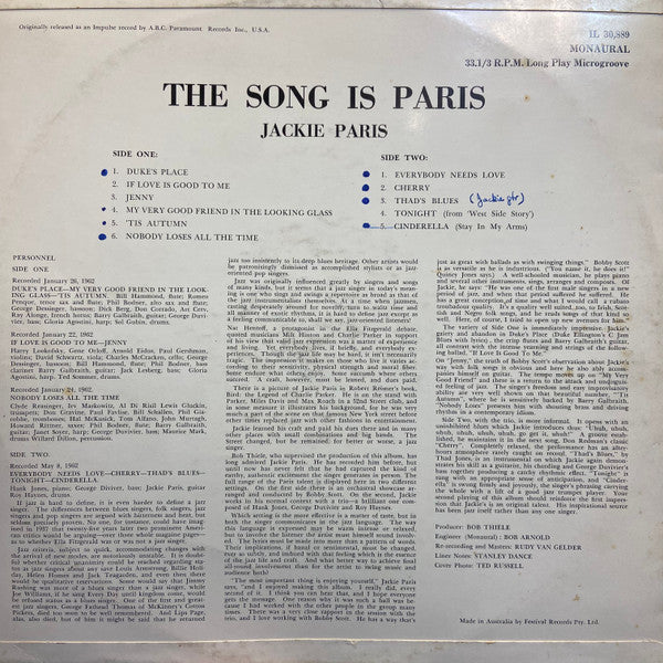 Jackie Paris – The Song Is Paris LP vinyl record, image 2 of 4