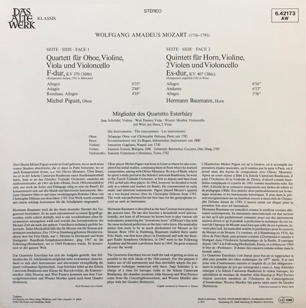 Wolfgang Amadeus Mozart, Quartetto Esterházy – Oboenquartett F-dur, KV 370 / Hornquintett Es-dur, KV 407 LP vinyl record, image 2 of 5
