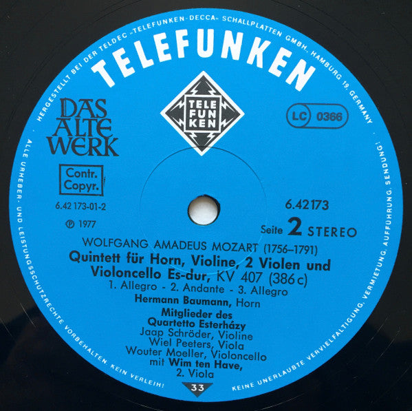Wolfgang Amadeus Mozart, Quartetto Esterházy – Oboenquartett F-dur, KV 370 / Hornquintett Es-dur, KV 407 LP vinyl record, image 5 of 5