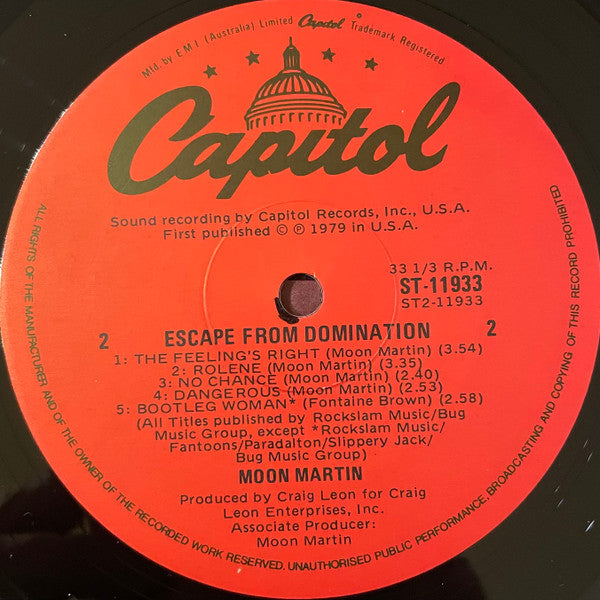 Moon Martin – Escape From Domination LP vinyl record, image 4 of 4