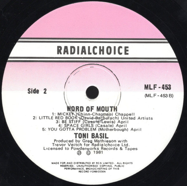 Toni Basil – Word Of Mouth LP vinyl record, image 4 of 4