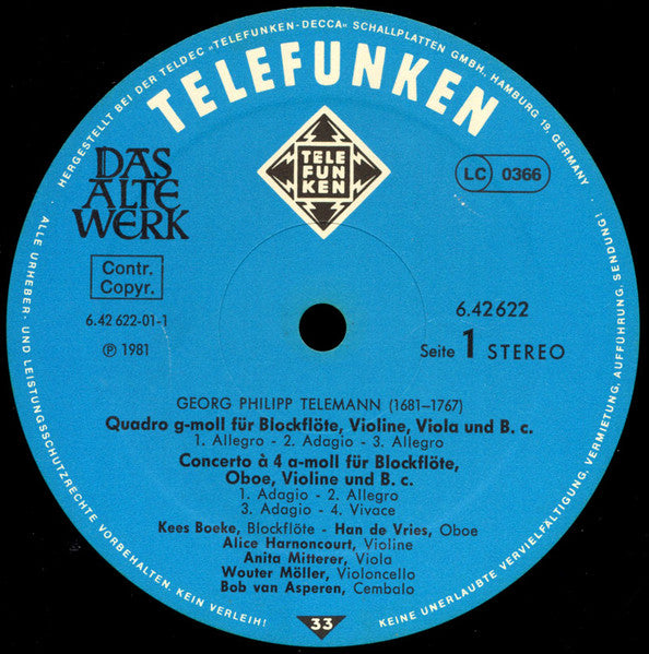 Georg Philipp Telemann, Quadro Hotteterre, Alice Harnoncourt, Anita Mitterer, Han de Vries – Quartette = Quartets = Quatuors LP vinyl record, image 3 of 4