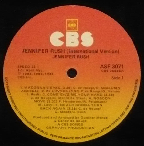 Jennifer Rush – Jennifer Rush (International Version) LP vinyl record, image 2 of 2