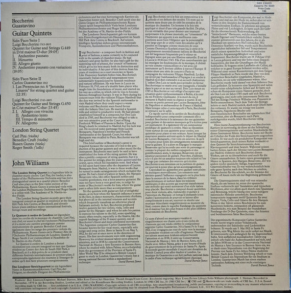 John Williams, Luigi Boccherini, Carlos Guastavino – Guitar Quintets LP vinyl record, image 2 of 4