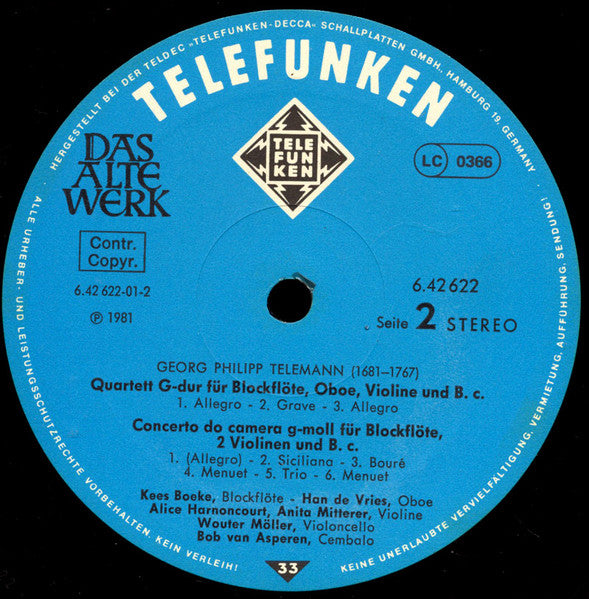 Georg Philipp Telemann, Quadro Hotteterre, Alice Harnoncourt, Anita Mitterer, Han de Vries – Quartette = Quartets = Quatuors LP vinyl record, image 4 of 4
