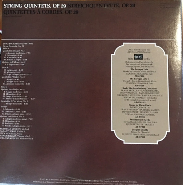 Luigi Boccherini, Sigiswald Kuijken, Alda Stuurop, Lucy van Dael, Anner Bylsma, Wieland Kuijken – String Quintets, Op. 29 = Streichquintette = Quintettes À Cordes (2xLP) LP vinyl record, image 2 of 2