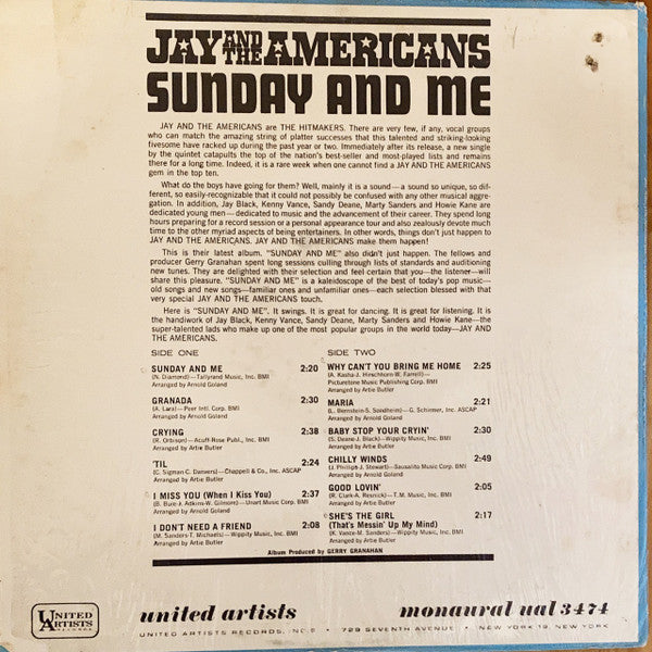 Jay & The Americans – Sunday And Me LP vinyl record, image 2 of 4