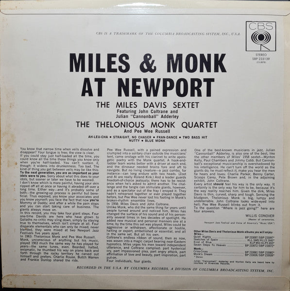 The Miles Davis Sextet, The Thelonious Monk Quartet – Miles & Monk At Newport LP vinyl record, image 2 of 4