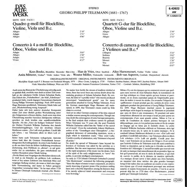 Georg Philipp Telemann, Quadro Hotteterre, Alice Harnoncourt, Anita Mitterer, Han de Vries – Quartette = Quartets = Quatuors LP vinyl record, image 2 of 4