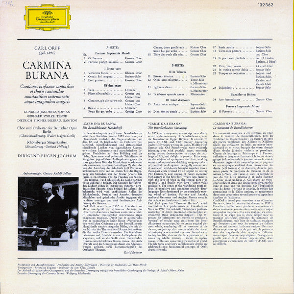 Carl Orff, Gundula Janowitz, Gerhard Stolze, Dietrich Fischer-Dieskau, Chor der Deutschen Oper Berlin, Orchester Der Deutschen Oper Berlin, Eugen Jochum – Carmina Burana LP vinyl record, image 2 of 4