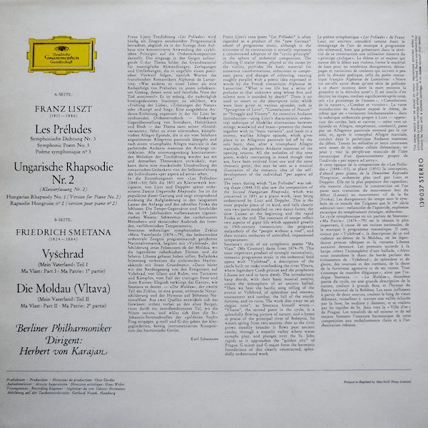 Franz Liszt, Bedřich Smetana, Berliner Philharmoniker, Herbert von Karajan – Les Preludes / Hungarian Rhapsody No.2 / Vysehrad / Die Moldau LP vinyl record, image 2 of 4