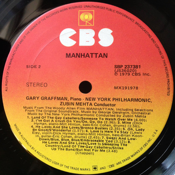 George Gershwin, New York Philharmonic – Music From The Woody Allen Film "Manhattan" LP vinyl record, image 4 of 4
